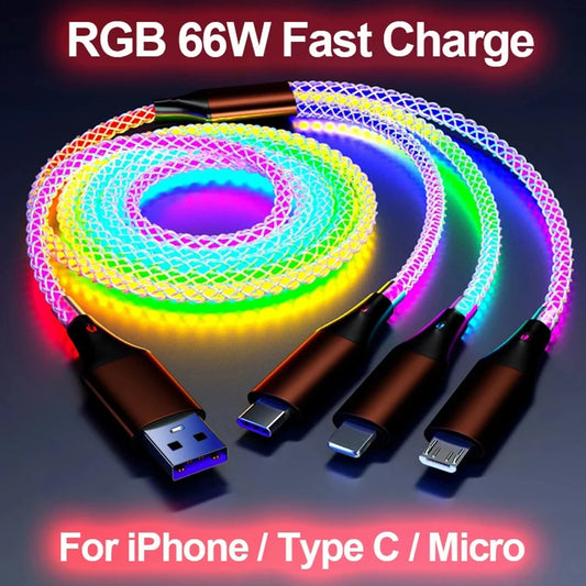 3 in 1 Glowing LED Light 6A 66W Fast Charging Micro USB Type C | Cable For iPhone 15 | Android